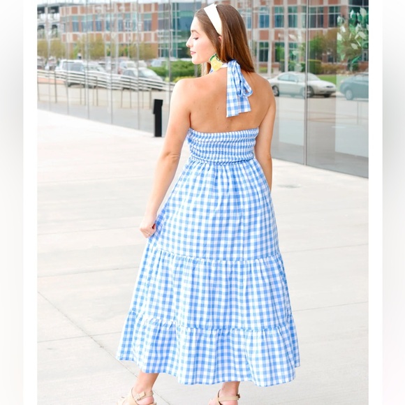 Entro Blue Checkered Halter Maxi Dress White Gingham M - Picture 2 of 12